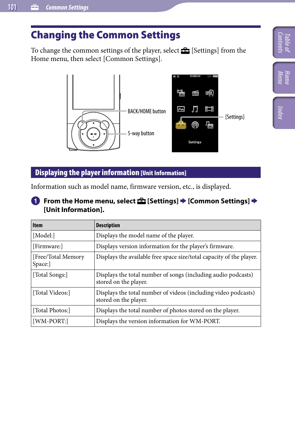 Common settings, Changing the common settings, Displaying the player information | Unit information | Sony A846 User Manual | Page 101 / 169