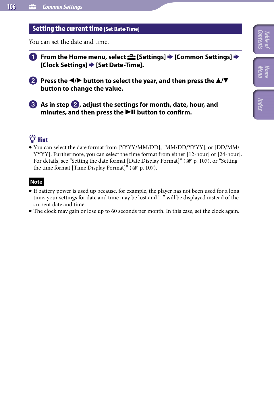 Setting the current time [set date-time, Setting the current time, Set date-time | Sony A846 User Manual | Page 106 / 169