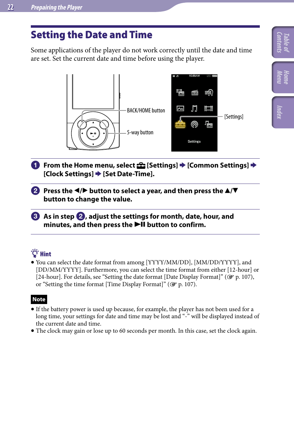 Setting the date and time | Sony A846 User Manual | Page 22 / 169