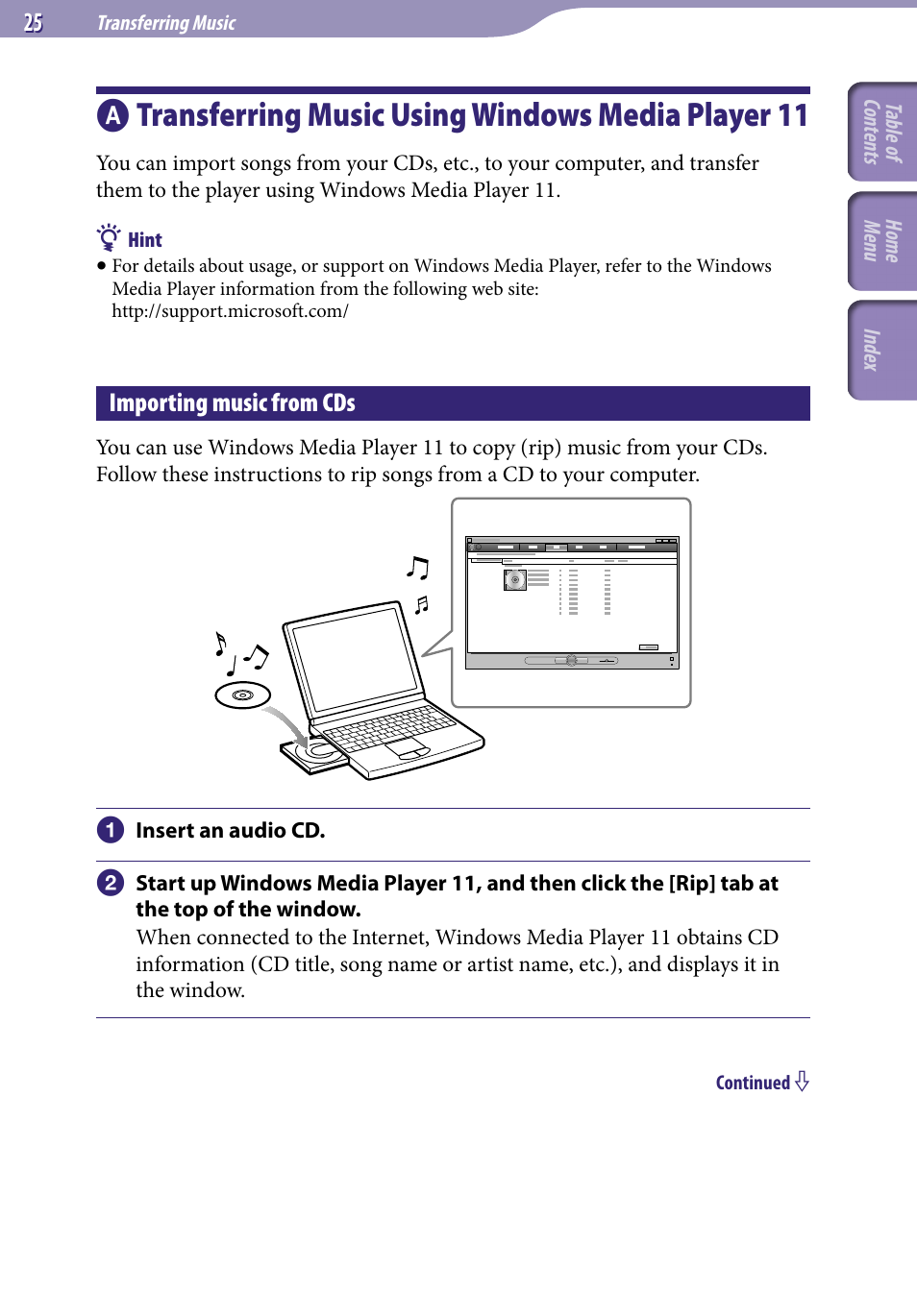 Importing music from cds, Transferring music using windows media, Player 11 | Transferring music using windows media player 11 | Sony A846 User Manual | Page 25 / 169