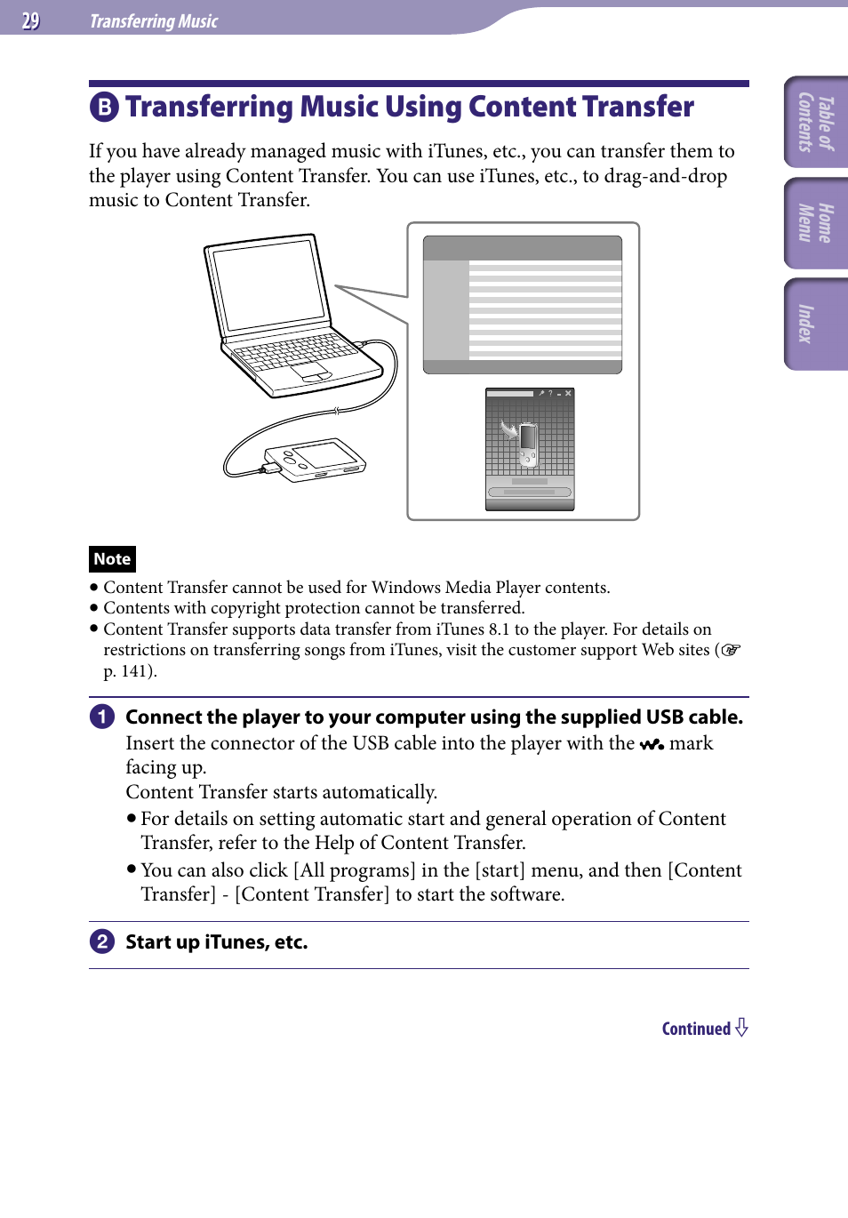 B) transferring music using content transfer, Transferring music using content, Transfer | Transferring music using content transfer | Sony A846 User Manual | Page 29 / 169