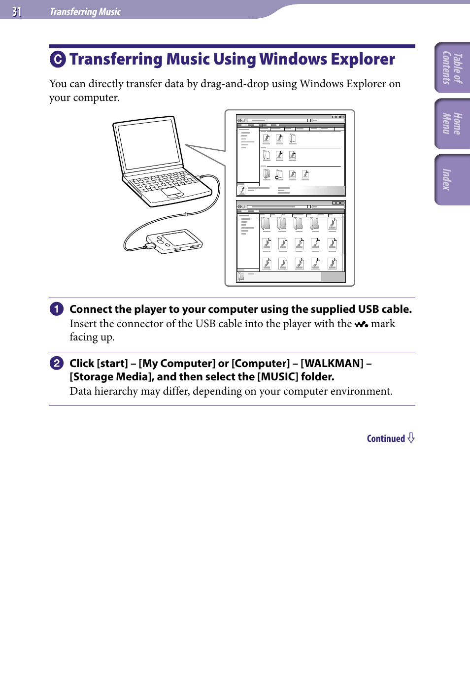 C) transferring music using windows explorer, Transferring music using windows, Explorer | Transferring music using windows explorer | Sony A846 User Manual | Page 31 / 169
