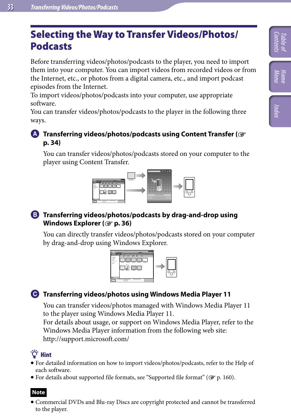 Transferring videos/photos/podcasts, Selecting the way to transfer videos, Photos/podcasts | Sony A846 User Manual | Page 33 / 169