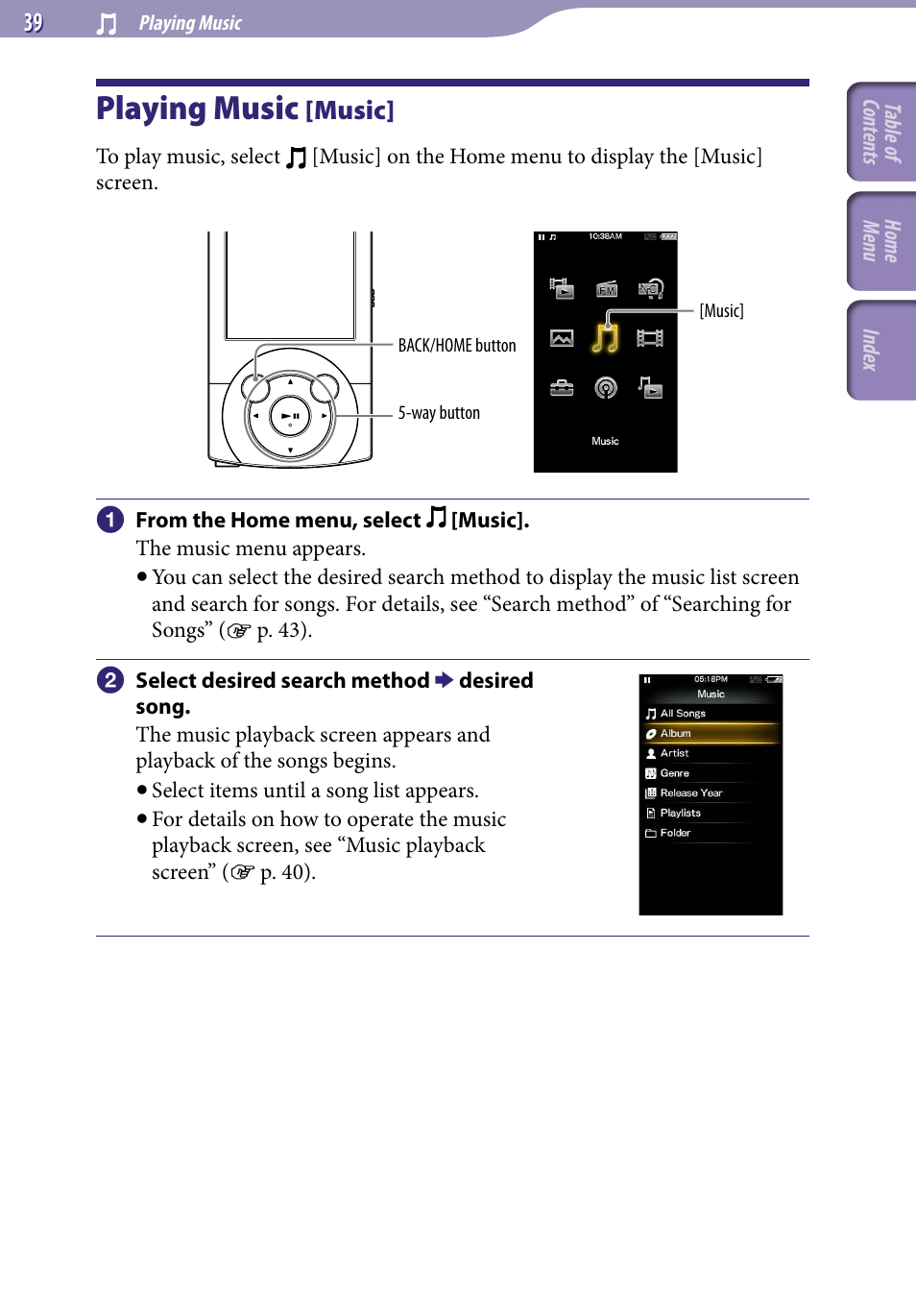 Playing music, Playing music [music, Music | Sony A846 User Manual | Page 39 / 169