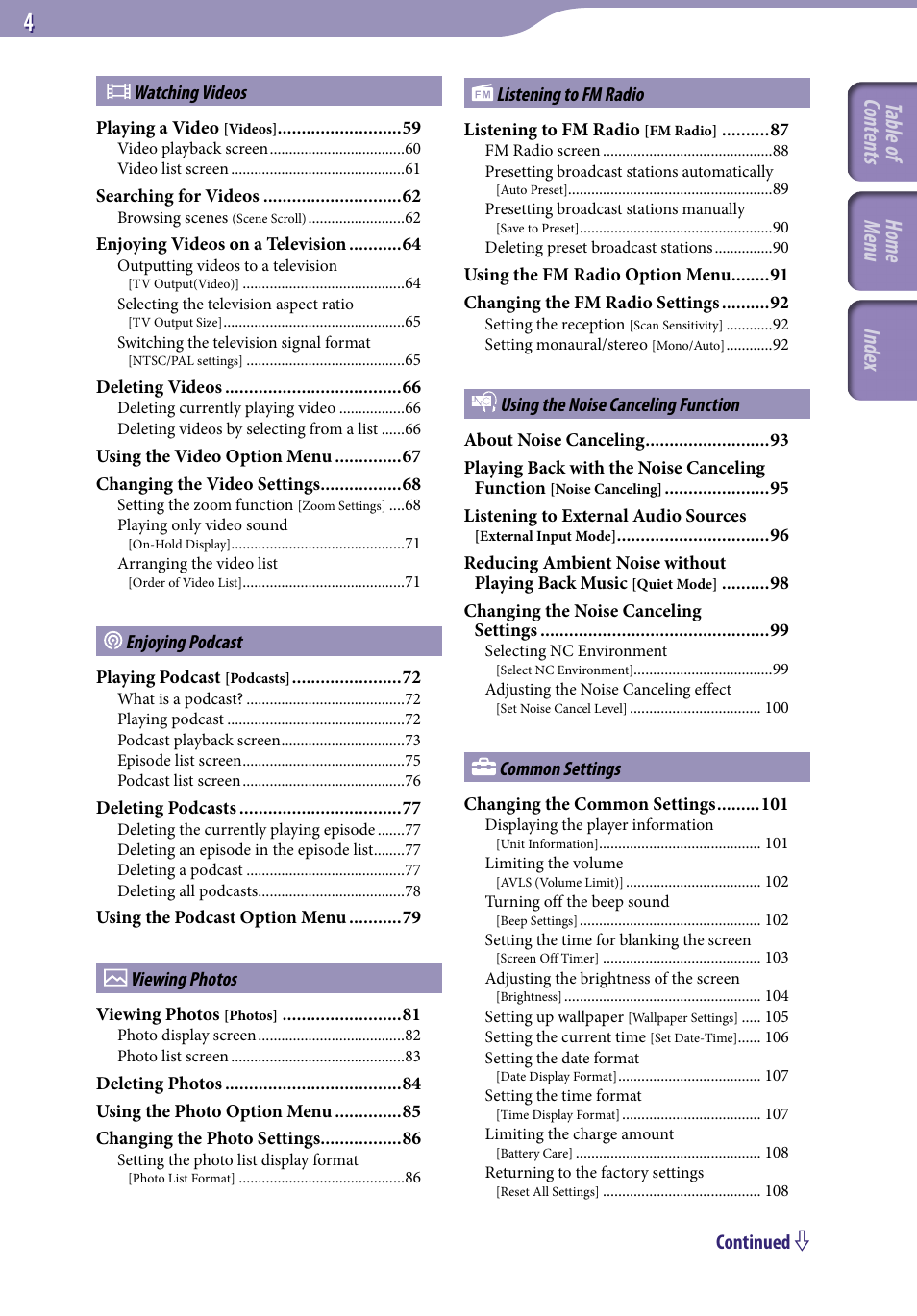 Table of cont ents home menu inde x, Continued | Sony A846 User Manual | Page 4 / 169