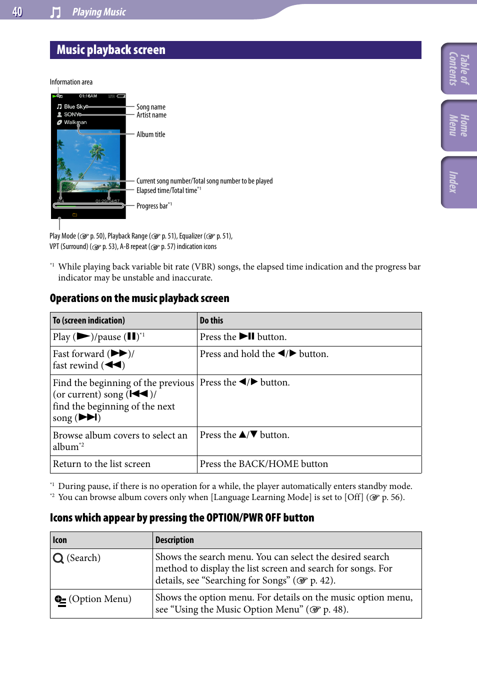 Music playback screen, E “music playback, Screen | Table of cont ents home menu inde x, Operations on the music playback screen | Sony A846 User Manual | Page 40 / 169