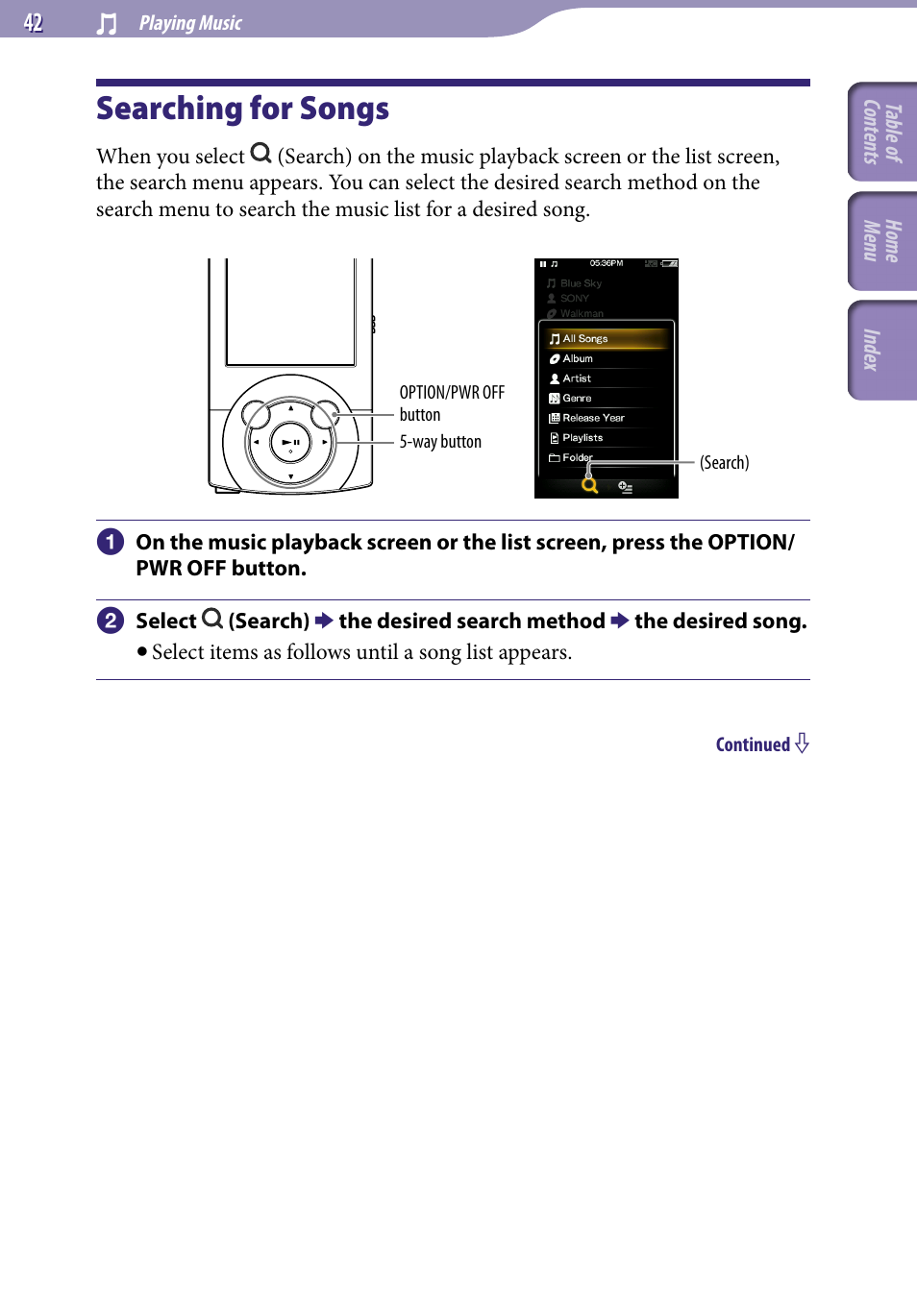 Searching for songs, F “searching for, Songs | E “searching for songs | Sony A846 User Manual | Page 42 / 169