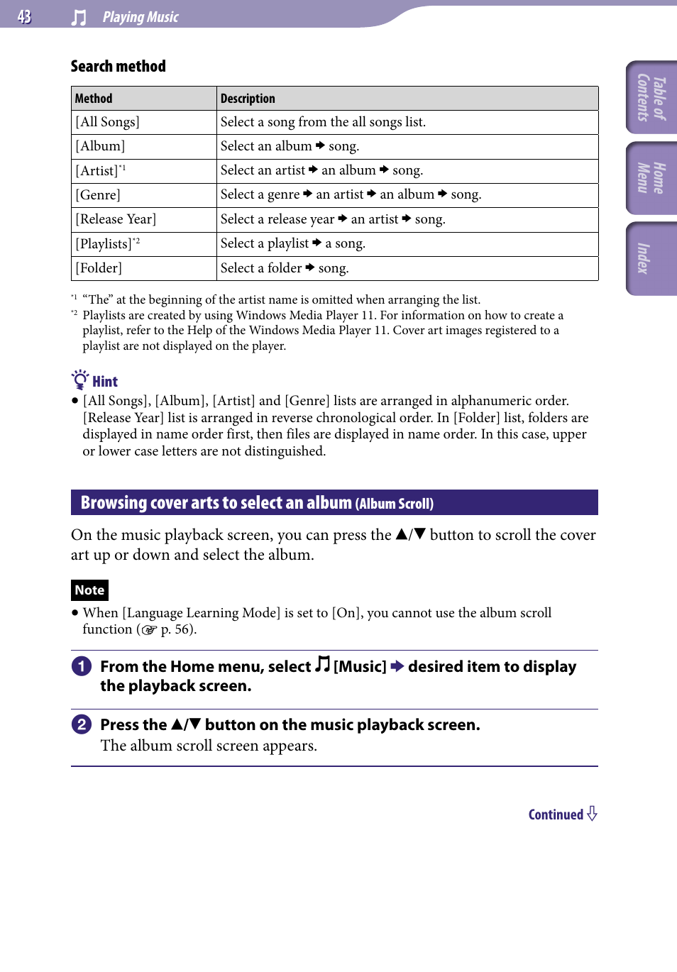 Browsing cover arts to select an album, Album scroll), E “search method” o | Sony A846 User Manual | Page 43 / 169