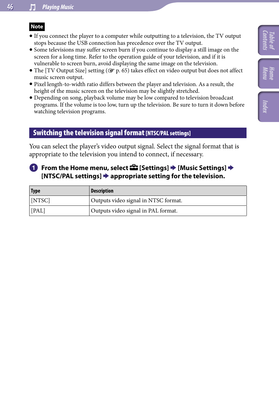 Switching the television signal format, Ntsc/pal settings | Sony A846 User Manual | Page 46 / 169