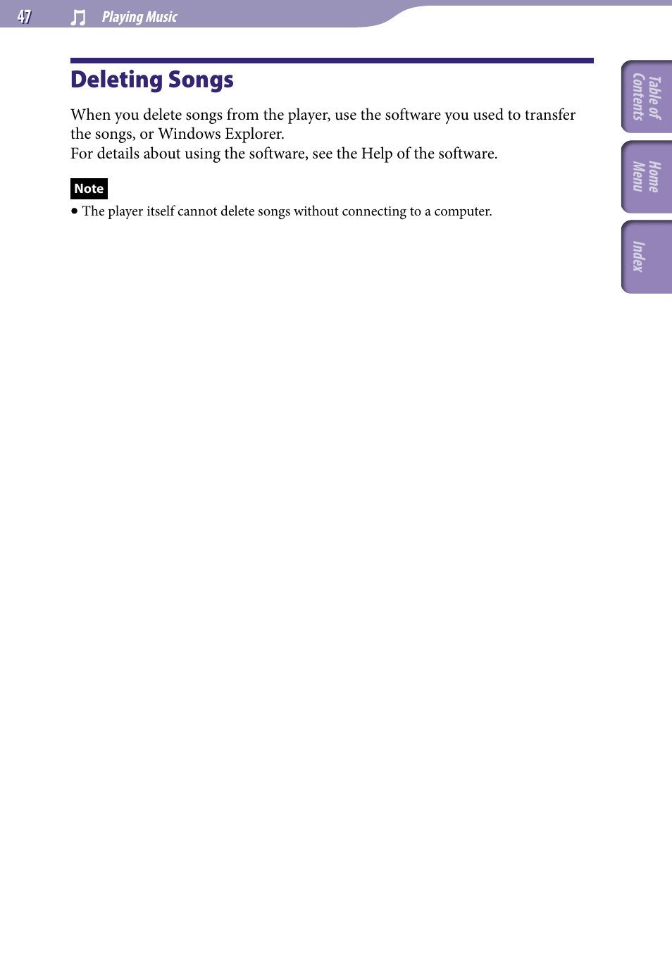 Deleting songs | Sony A846 User Manual | Page 47 / 169