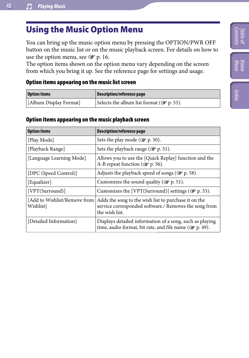 Using the music option menu, E “using the music option menu | Sony A846 User Manual | Page 48 / 169