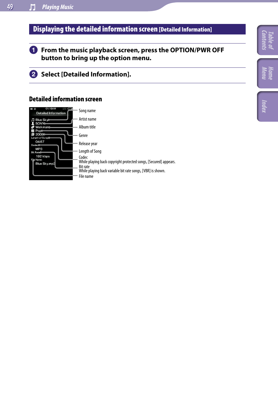 Displaying the detailed information screen, Detailed information | Sony A846 User Manual | Page 49 / 169
