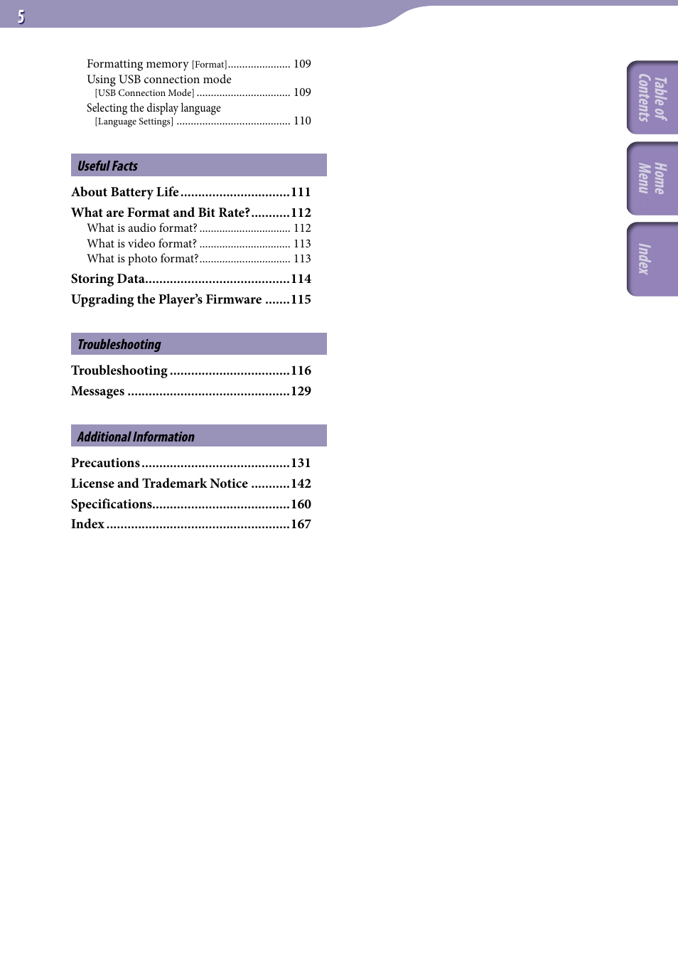 Table of cont ents home menu inde x | Sony A846 User Manual | Page 5 / 169