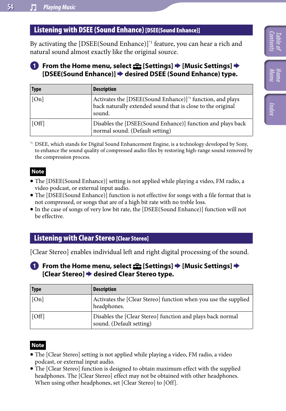 Listening with clear stereo [clear stereo, Listening with dsee (sound enhance), Dsee(sound enhance) | Listening with clear stereo, Clear stereo | Sony A846 User Manual | Page 54 / 169