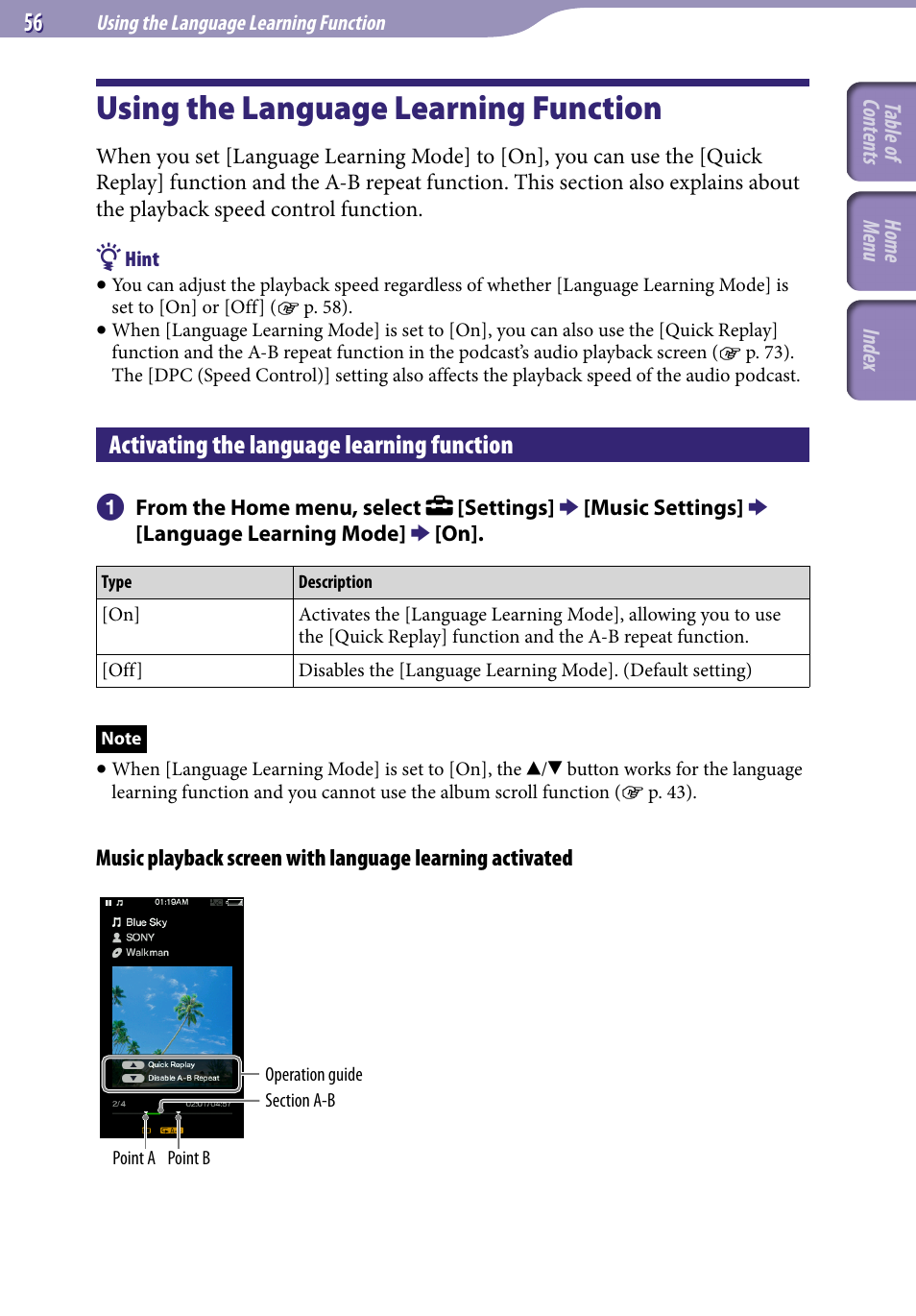 Using the language learning function, Activating the language learning function | Sony A846 User Manual | Page 56 / 169