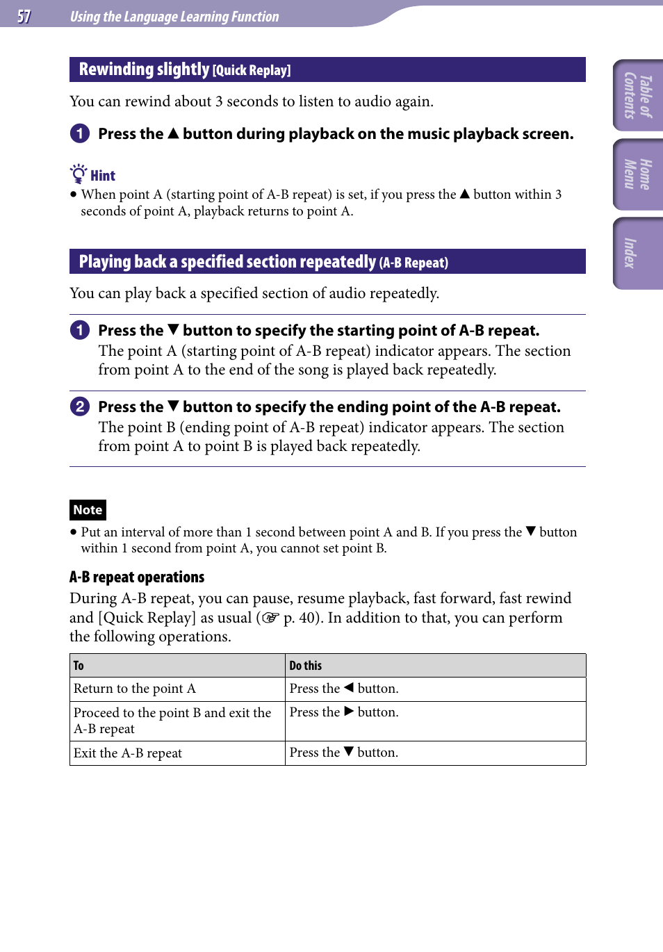 Rewinding slightly [quick replay, Rewinding slightly, Quick replay | Playing back a specified section repeatedly, A-b repeat), 57) indic | Sony A846 User Manual | Page 57 / 169