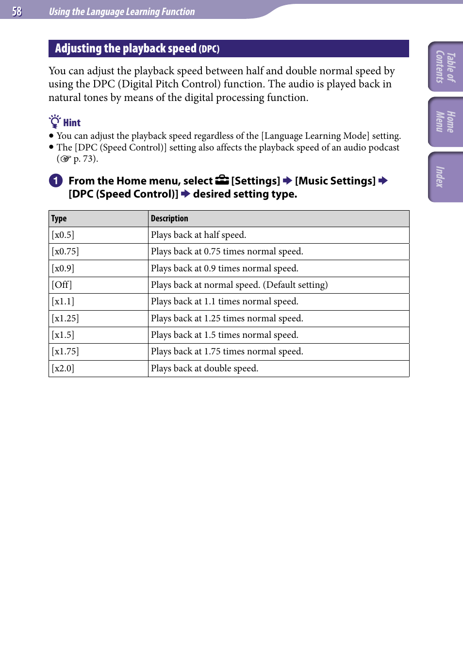 Adjusting the playback speed (dpc), Adjusting the playback speed, Dpc) | Sony A846 User Manual | Page 58 / 169