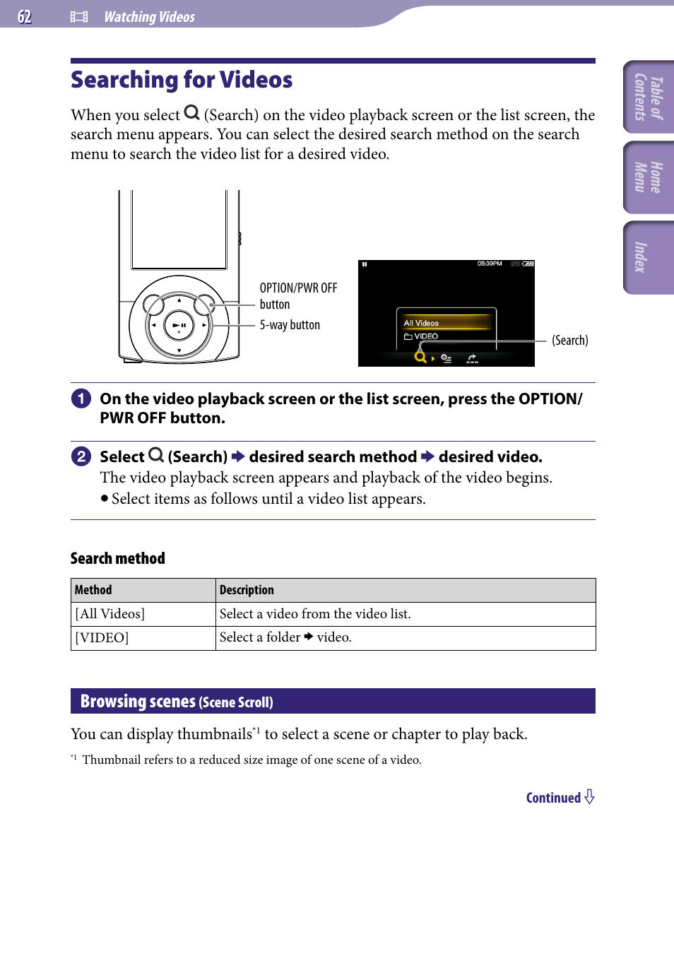Searching for videos, Browsing scenes (scene scroll), Browsing scenes | Scene scroll), E “search method, F “searching for, Videos, E “searching for videos, E “browsing scenes (scene scroll) | Sony A846 User Manual | Page 62 / 169