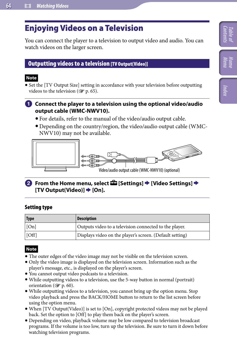 Enjoying videos on a television, Outputting videos to a television, Tv output(video) | 64), t | Sony A846 User Manual | Page 64 / 169
