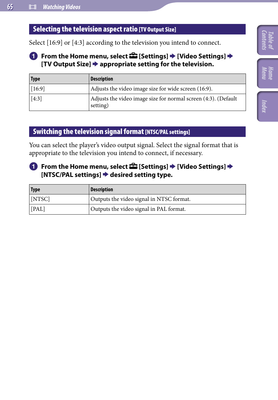 Selecting the television aspect ratio, Tv output size, Switching the television signal format | Ntsc/pal settings | Sony A846 User Manual | Page 65 / 169