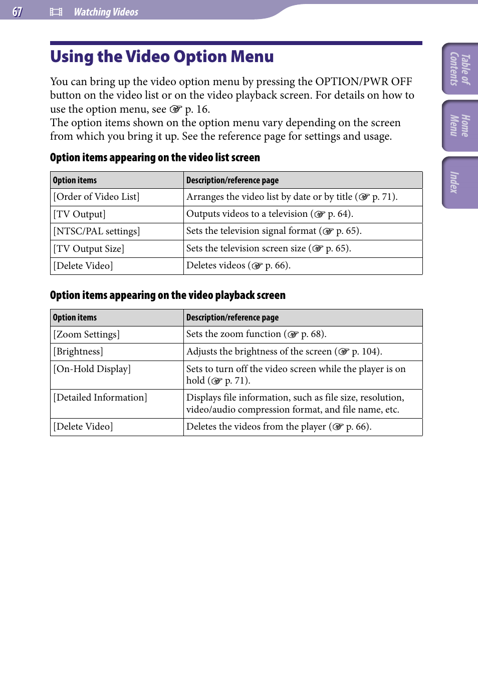 Using the video option menu, E “using the video option menu | Sony A846 User Manual | Page 67 / 169