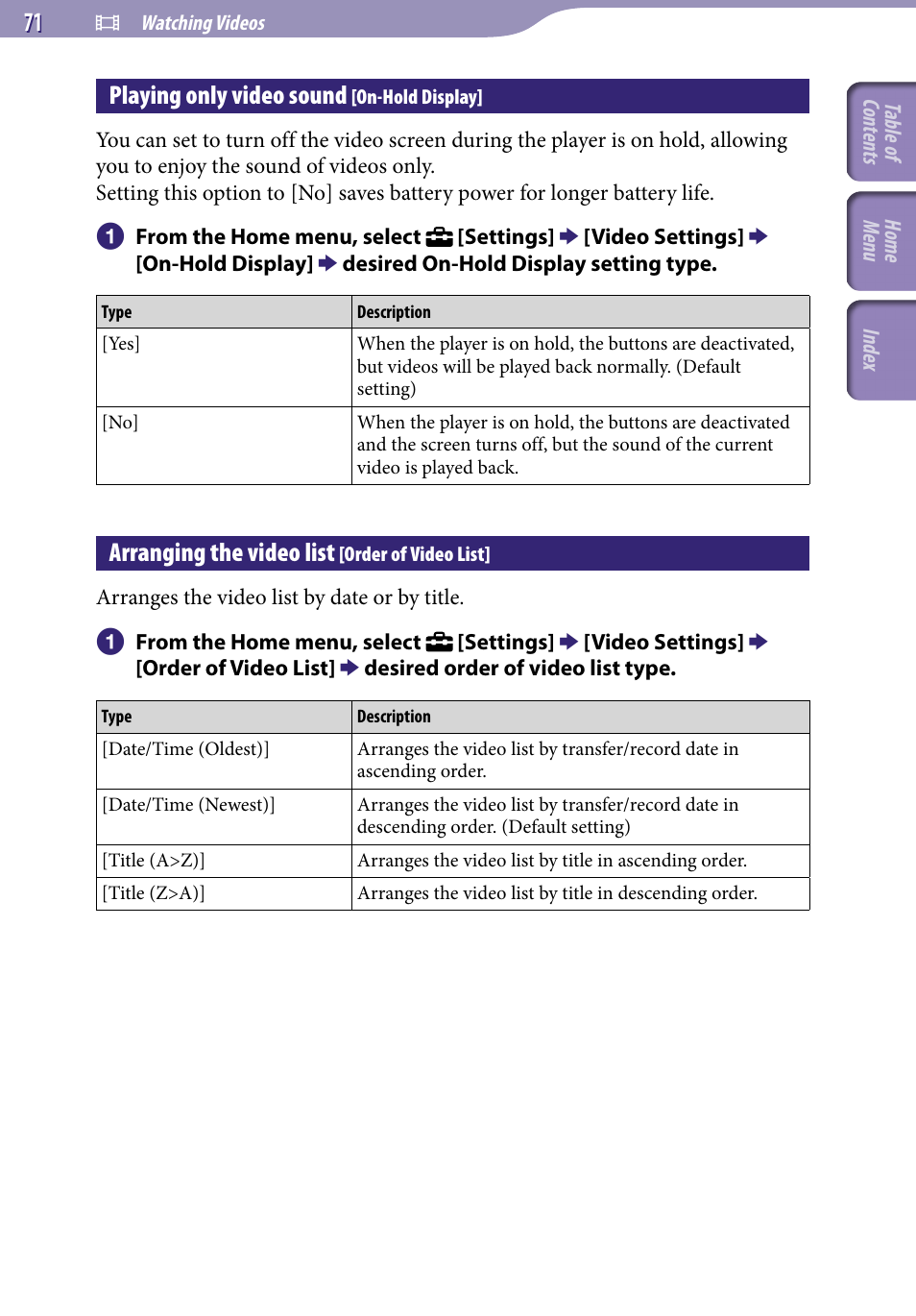 Playing only video sound [on-hold display, Arranging the video list [order of video list, Playing only video sound | On-hold display, Arranging the video list, Order of video list | Sony A846 User Manual | Page 71 / 169