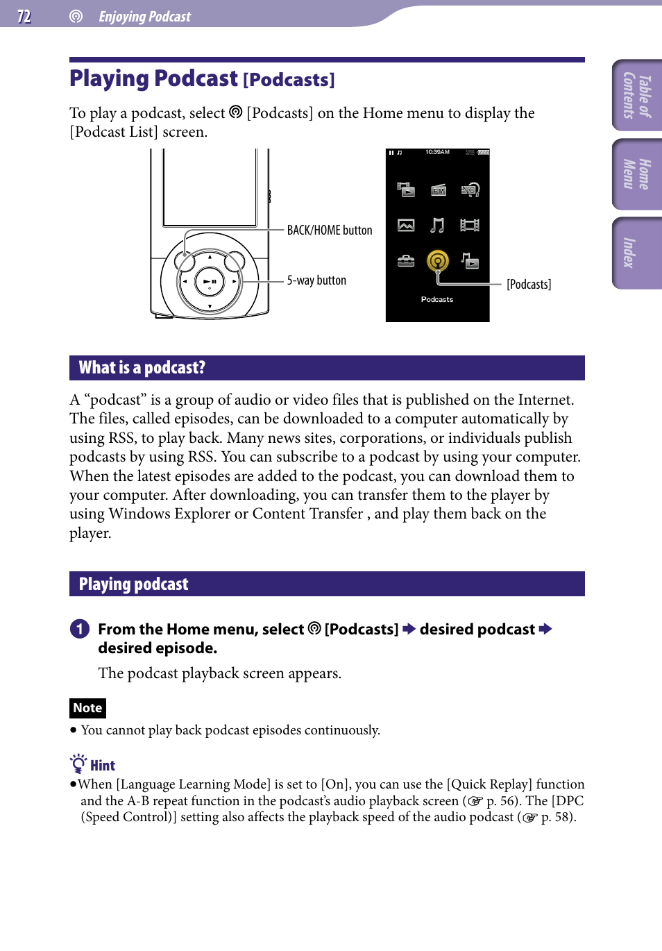 Enjoying podcast, Playing podcast [podcasts, What is a podcast | Playing podcast, Podcasts | Sony A846 User Manual | Page 72 / 169