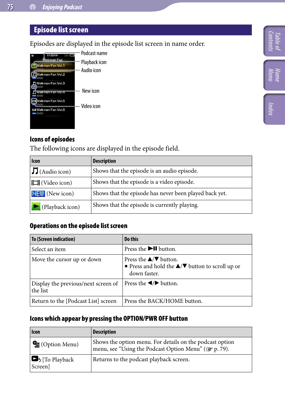 Episode list screen | Sony A846 User Manual | Page 75 / 169