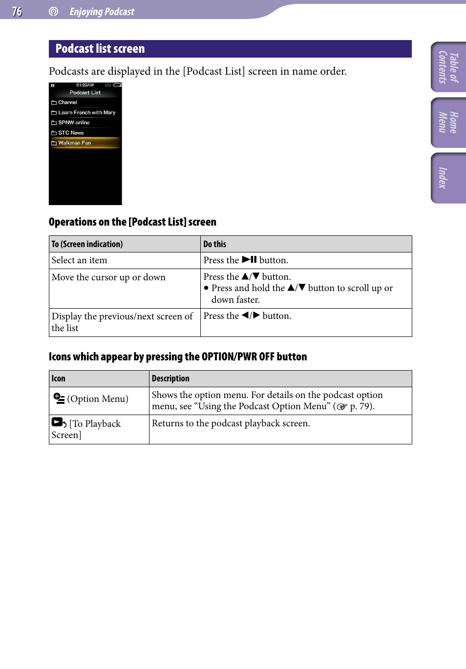 Podcast list screen | Sony A846 User Manual | Page 76 / 169