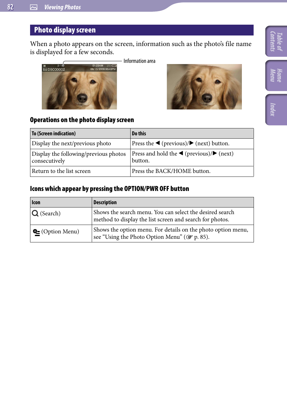 Photo display screen | Sony A846 User Manual | Page 82 / 169