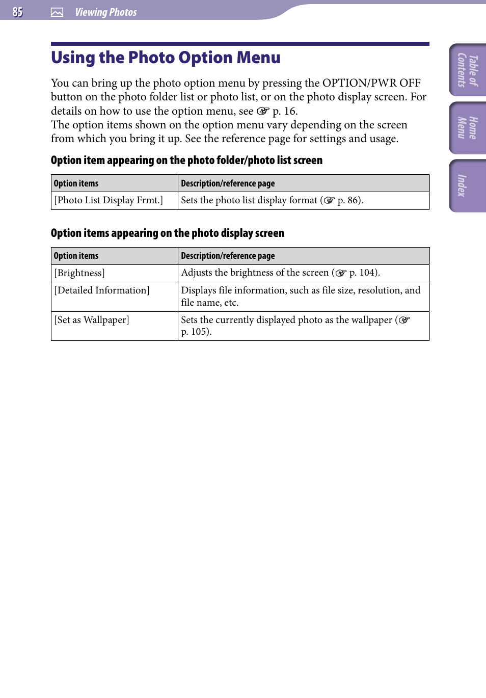 Using the photo option menu | Sony A846 User Manual | Page 85 / 169