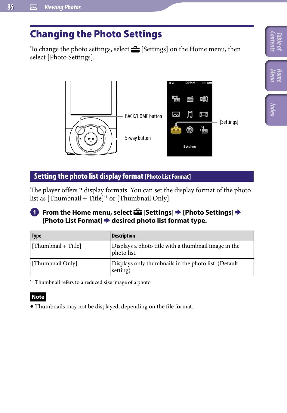 Changing the photo settings, Setting the photo list display format, Photo list format | Sony A846 User Manual | Page 86 / 169