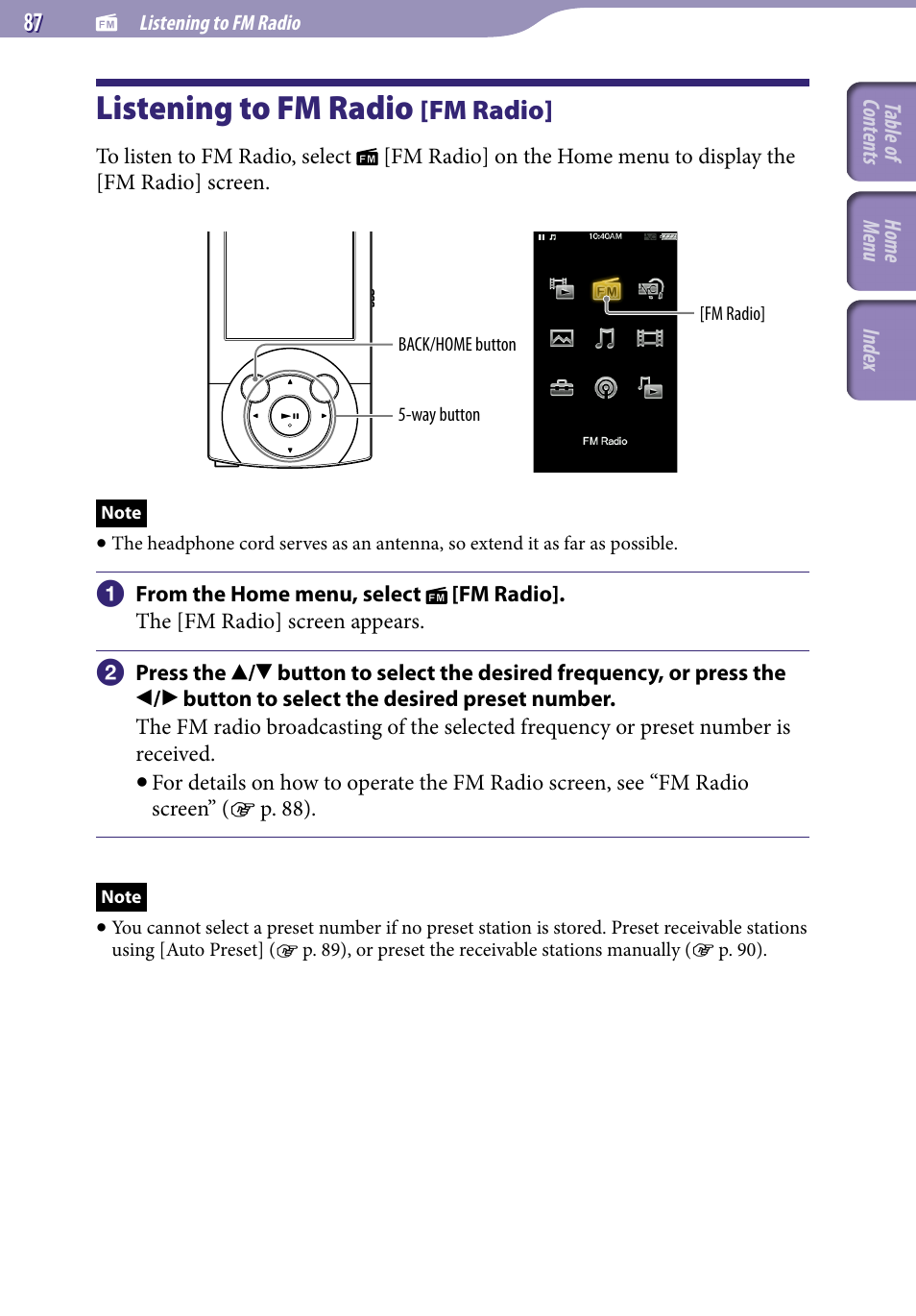Listening to fm radio, Listening to fm radio [fm radio, Fm radio | Sony A846 User Manual | Page 87 / 169