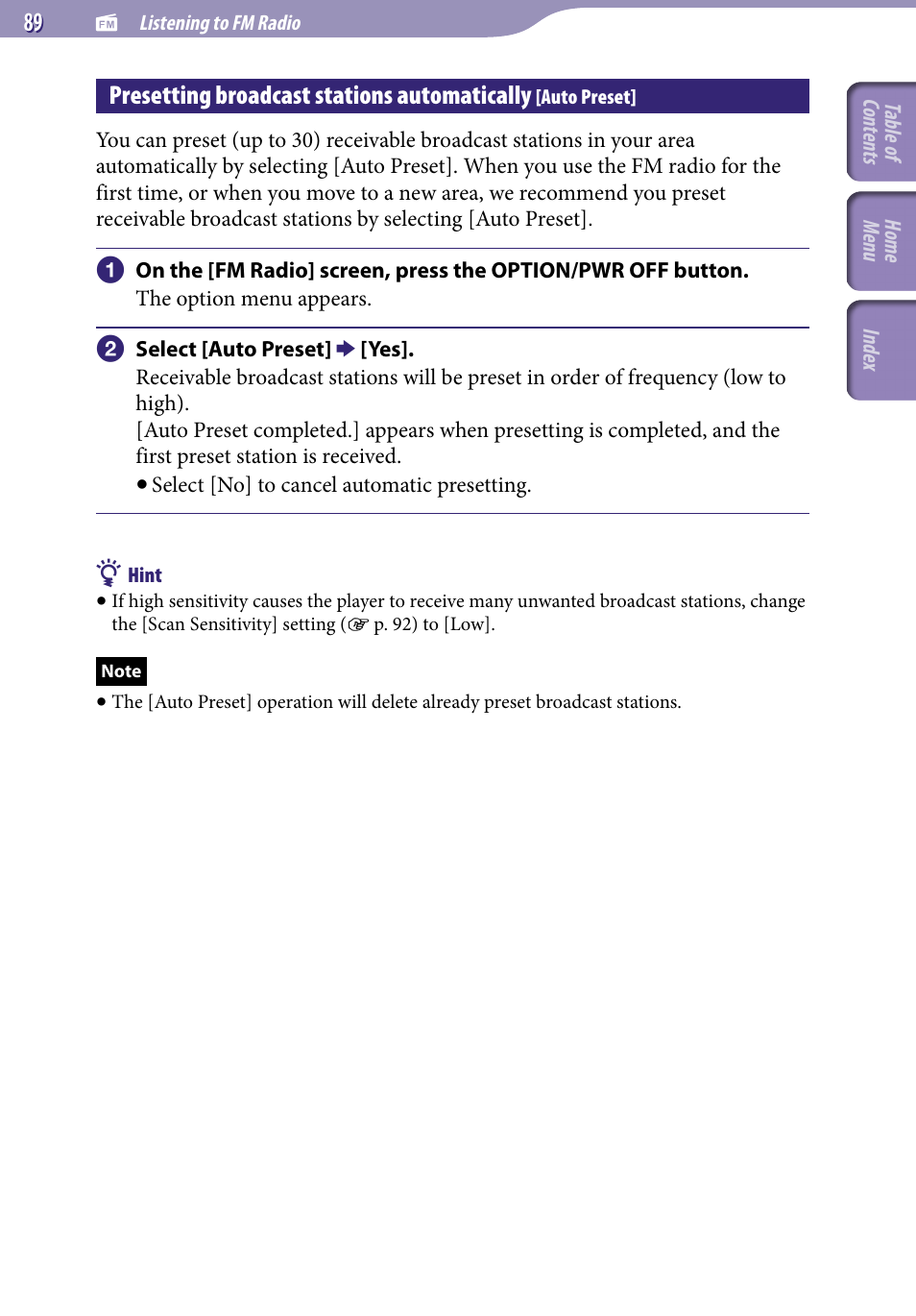 Presetting broadcast stations automatically, Auto preset, 89), o | Sony A846 User Manual | Page 89 / 169