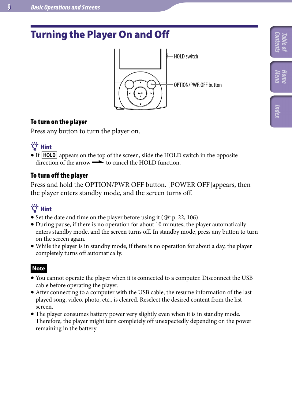 Turning the player on and off | Sony A846 User Manual | Page 9 / 169