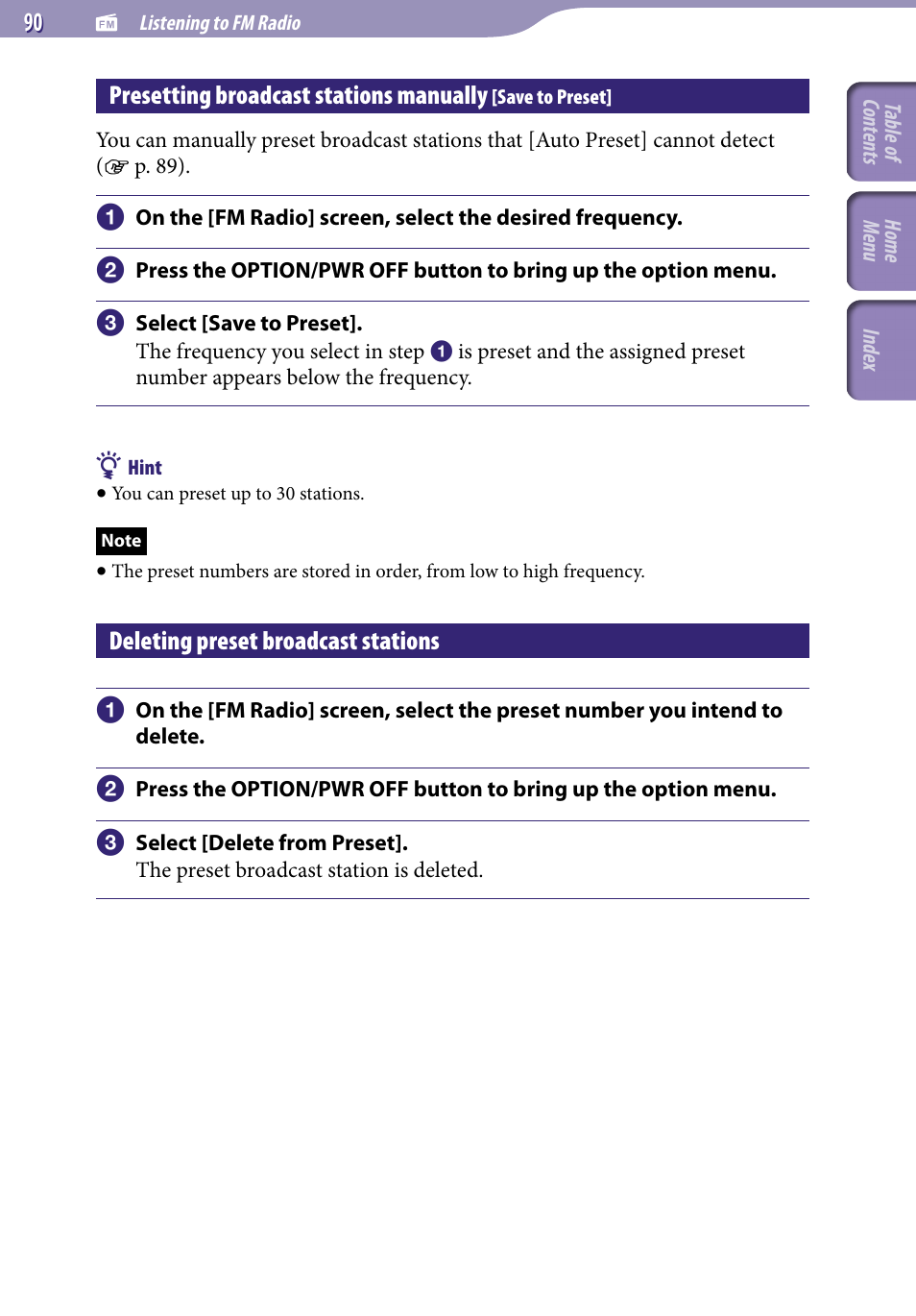 Deleting preset broadcast stations, Presetting broadcast stations manually, Save to preset | Sony A846 User Manual | Page 90 / 169
