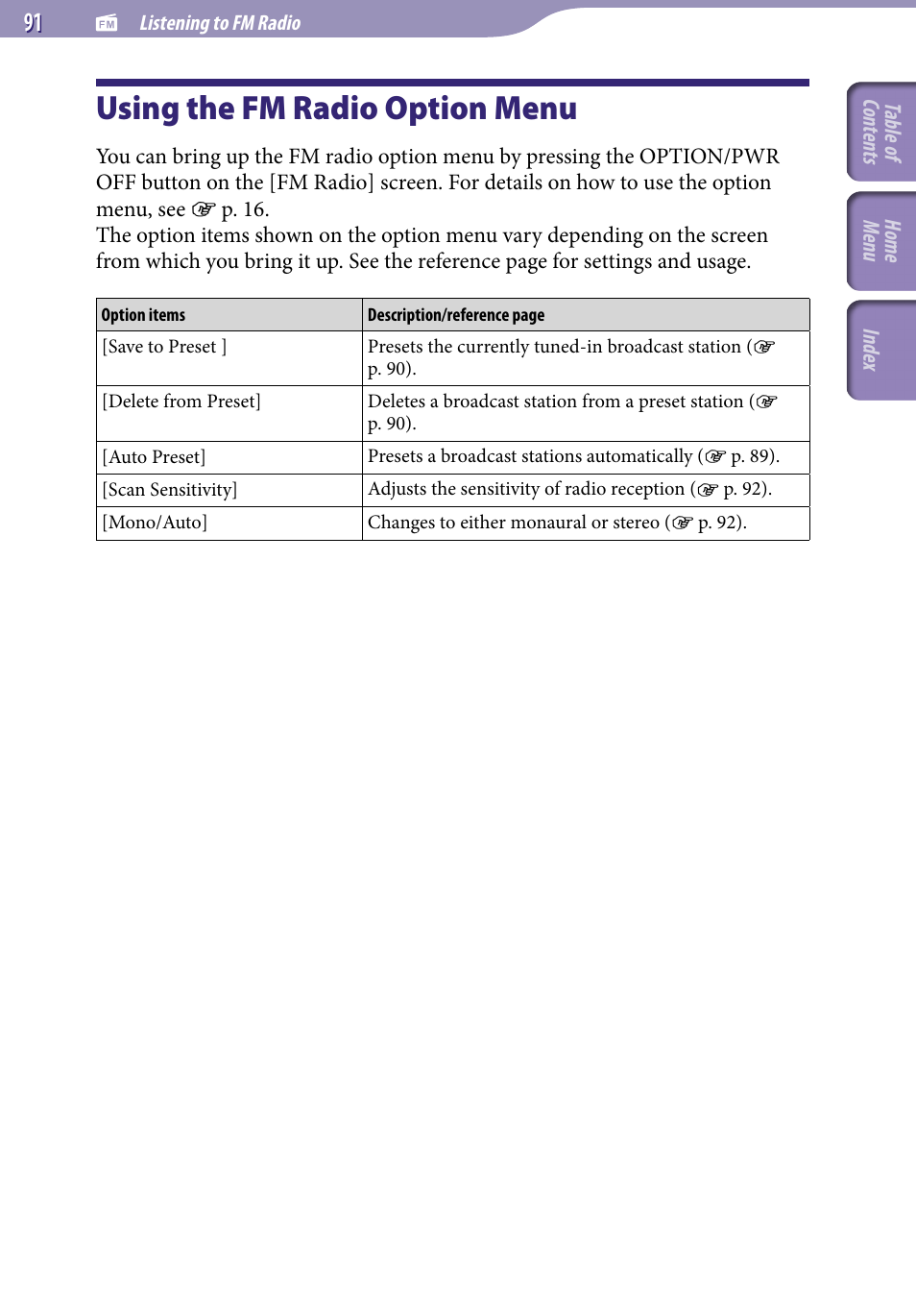 Using the fm radio option menu, E “using the fm radio option menu | Sony A846 User Manual | Page 91 / 169