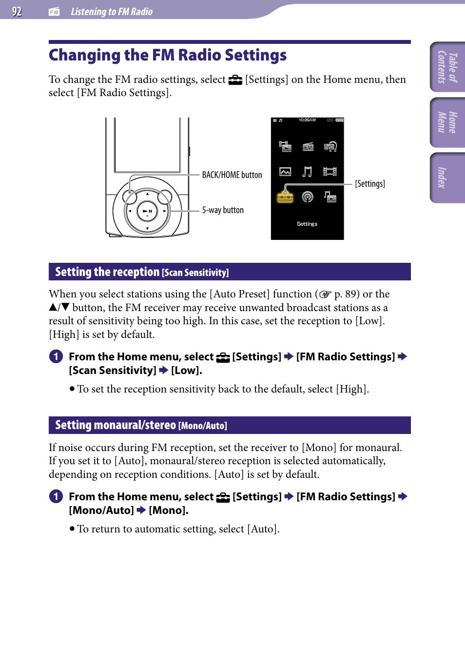 Changing the fm radio settings, Setting the reception [scan sensitivity, Setting monaural/stereo [mono/auto | Setting the reception, Scan sensitivity, Setting monaural/stereo, Mono/auto, 92) t | Sony A846 User Manual | Page 92 / 169