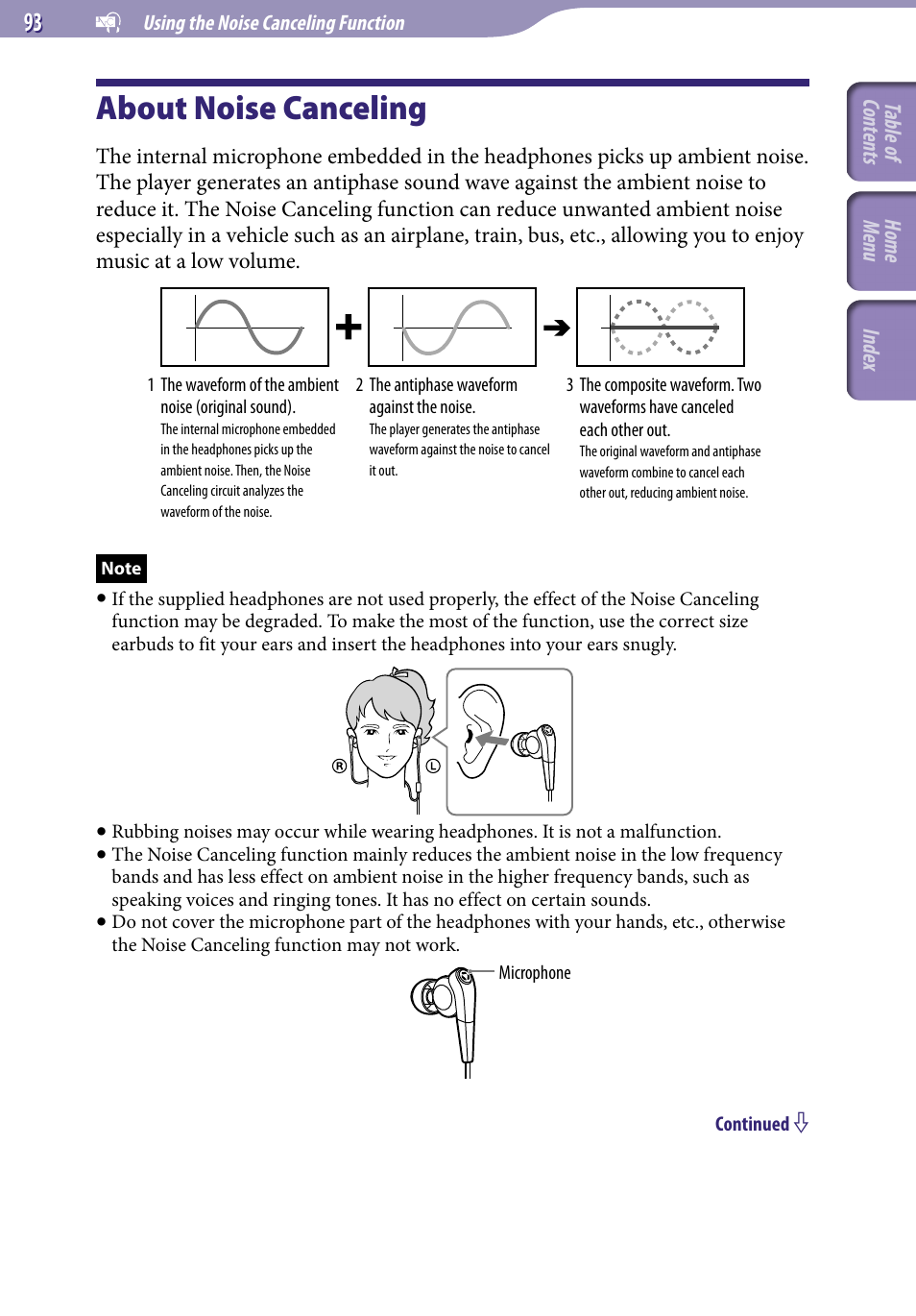 Using the noise canceling function, About noise canceling, 93). s | Sony A846 User Manual | Page 93 / 169