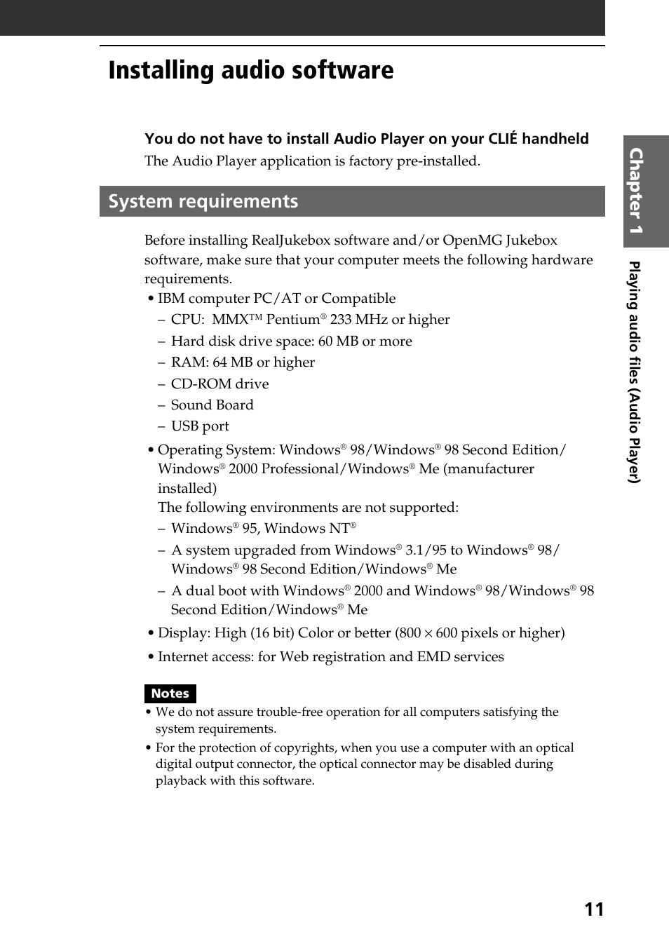 Installing audio software, System requirements, Chapter 1 | Sony PEG-N760C User Manual | Page 11 / 119