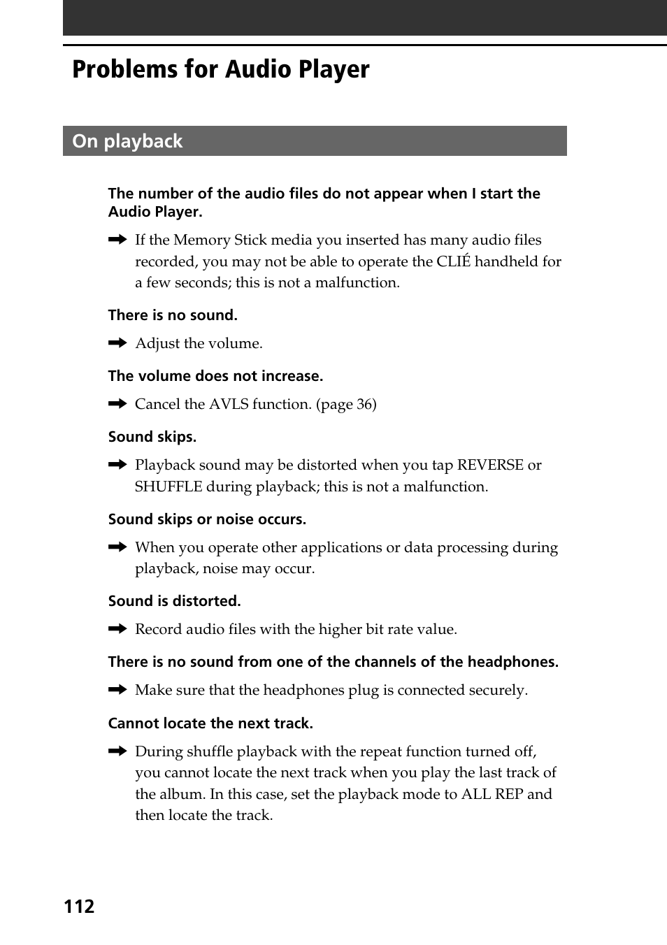 Problems for audio player, On playback | Sony PEG-N760C User Manual | Page 112 / 119