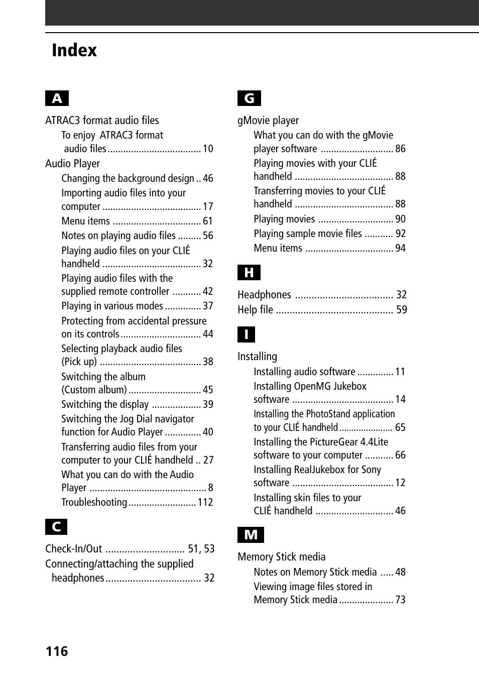 Index | Sony PEG-N760C User Manual | Page 116 / 119