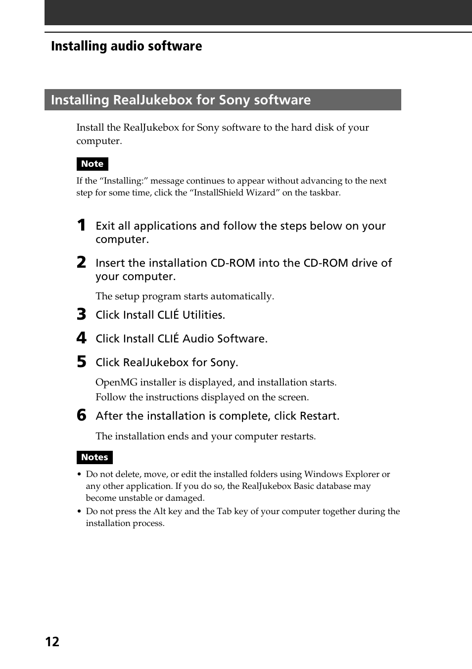 Installing realjukebox for sony software | Sony PEG-N760C User Manual | Page 12 / 119