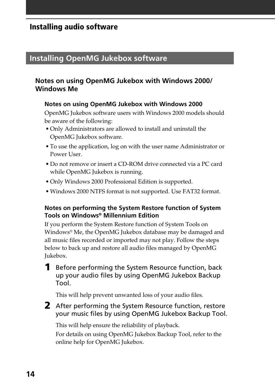 Installing openmg jukebox software, Installing openmg jukebox software 14 | Sony PEG-N760C User Manual | Page 14 / 119