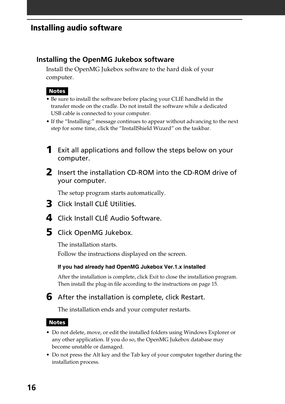 16 installing audio software | Sony PEG-N760C User Manual | Page 16 / 119