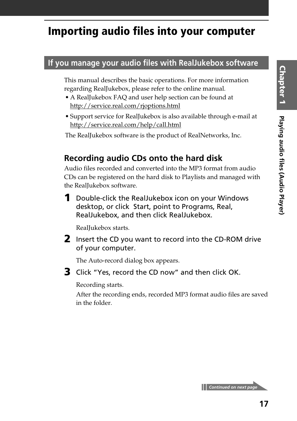 Importing audio files into your computer | Sony PEG-N760C User Manual | Page 17 / 119