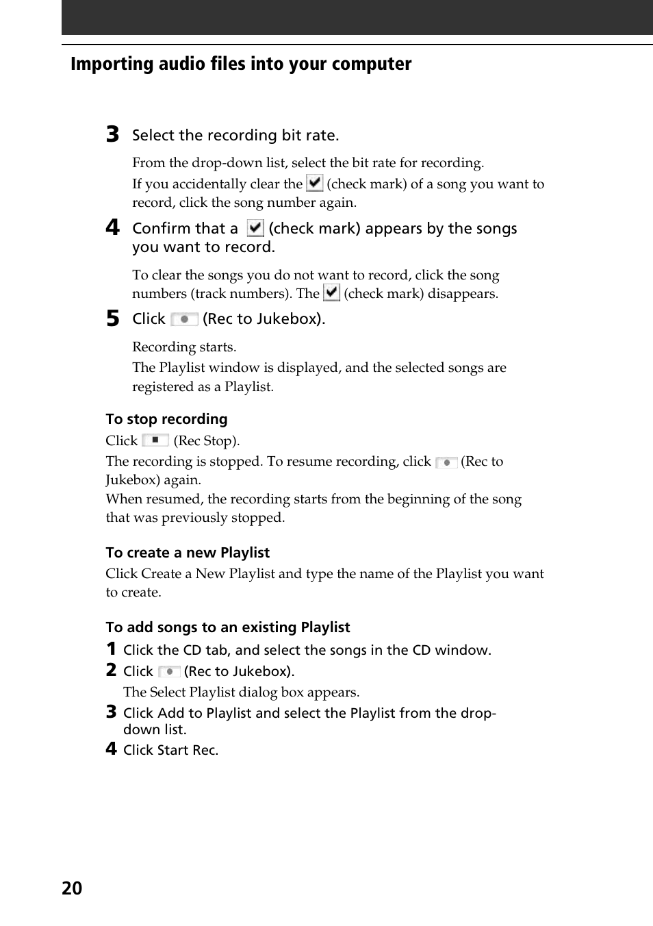 20 importing audio files into your computer | Sony PEG-N760C User Manual | Page 20 / 119