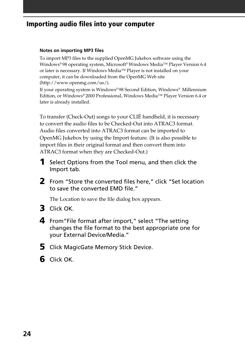 24 importing audio files into your computer | Sony PEG-N760C User Manual | Page 24 / 119