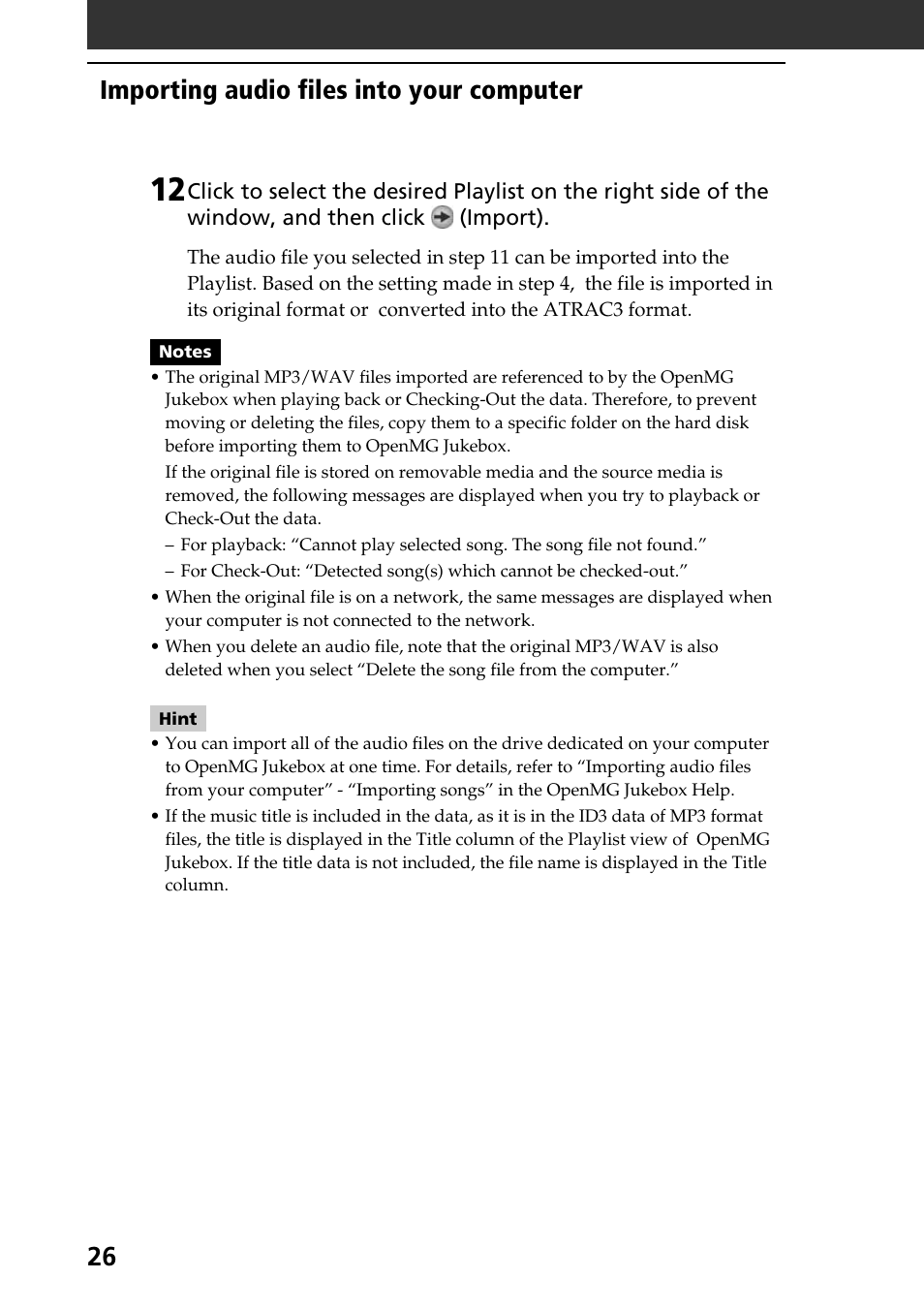 26 importing audio files into your computer | Sony PEG-N760C User Manual | Page 26 / 119