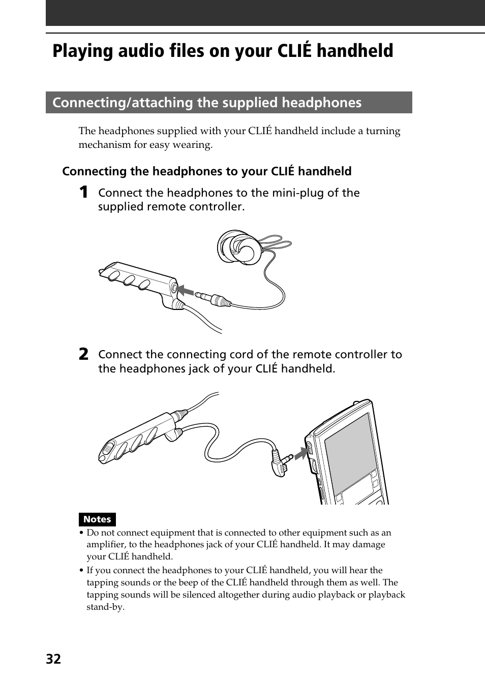 Playing audio files on your clié handheld, Connecting/attaching the supplied headphones | Sony PEG-N760C User Manual | Page 32 / 119